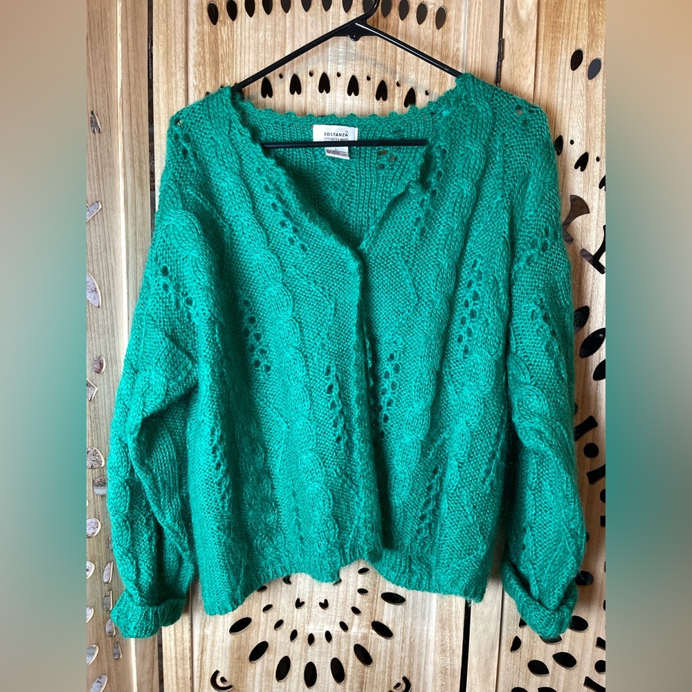 Vintage Sostanza Mohair Sweater L – Green Cable Knit Openwork 80s Hong Kong